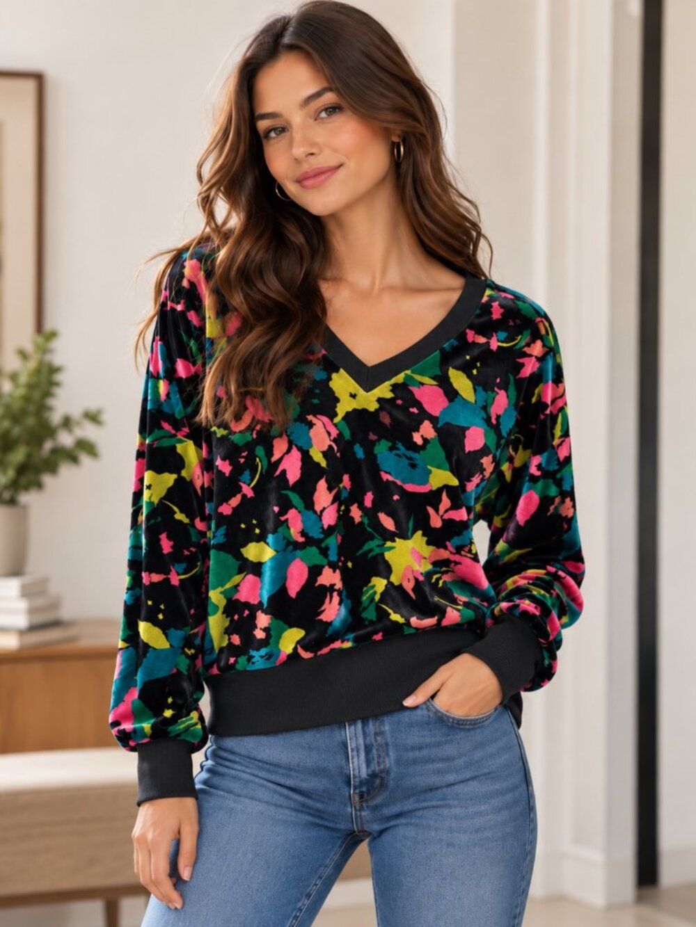 Foley's Vintage Velour Floral V-Neck Top